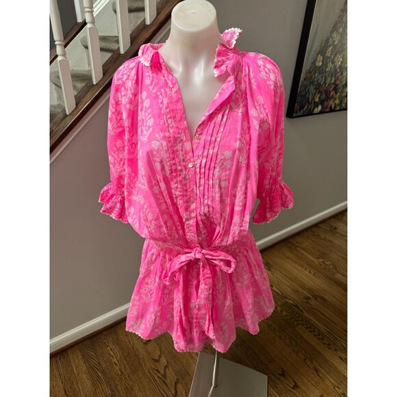 Juliet Dunn Scalloped Blouson Cotton Mini Dress Washed Orchid Floral Print 0 - Picture 4 of 6